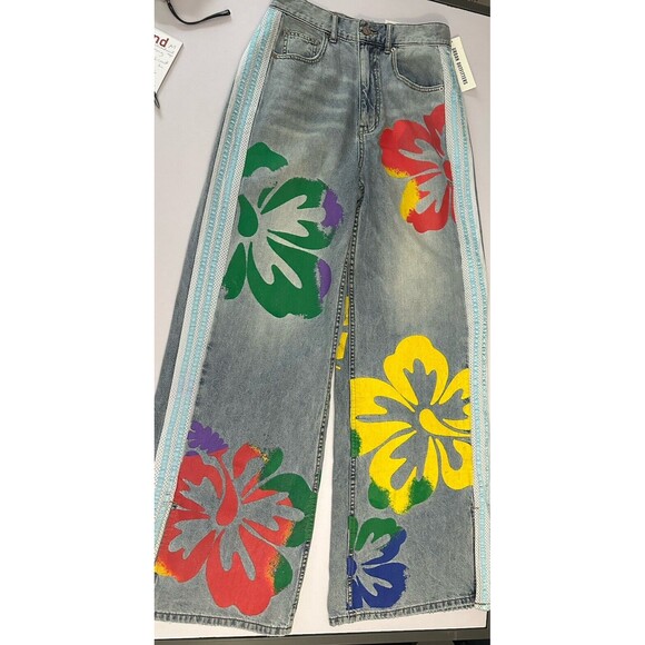 BDG Urban Outfitters Skater Baggy Wide Leg Jeans Painted Floral Size 27 NWT $119 - Picture 1 of 8